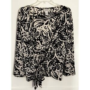 Chico’s Travelers black and Beige abstract print tie front Top, sz 1 Travel Work